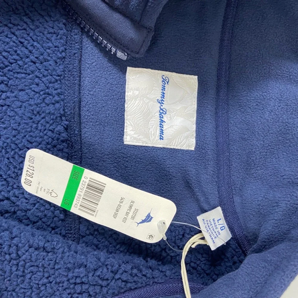 Tommy Bahama Men's L Olypmic Bay Fleece‎ Vest Navy Blue Full Zip Sherpa Lined